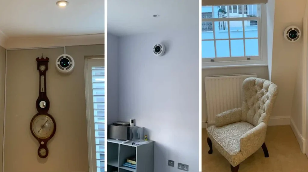 A sleek, modern decentralised mvhr unit installed on a contemporary apartment wall, providing efficient and quiet room ventilation without ductwork.