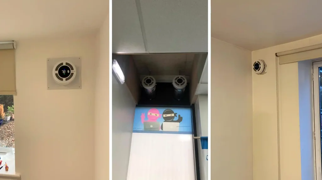 Prana decentralised heat recovery unit mounted through an interior wall, showing the compact white unit in a clean, modern British home