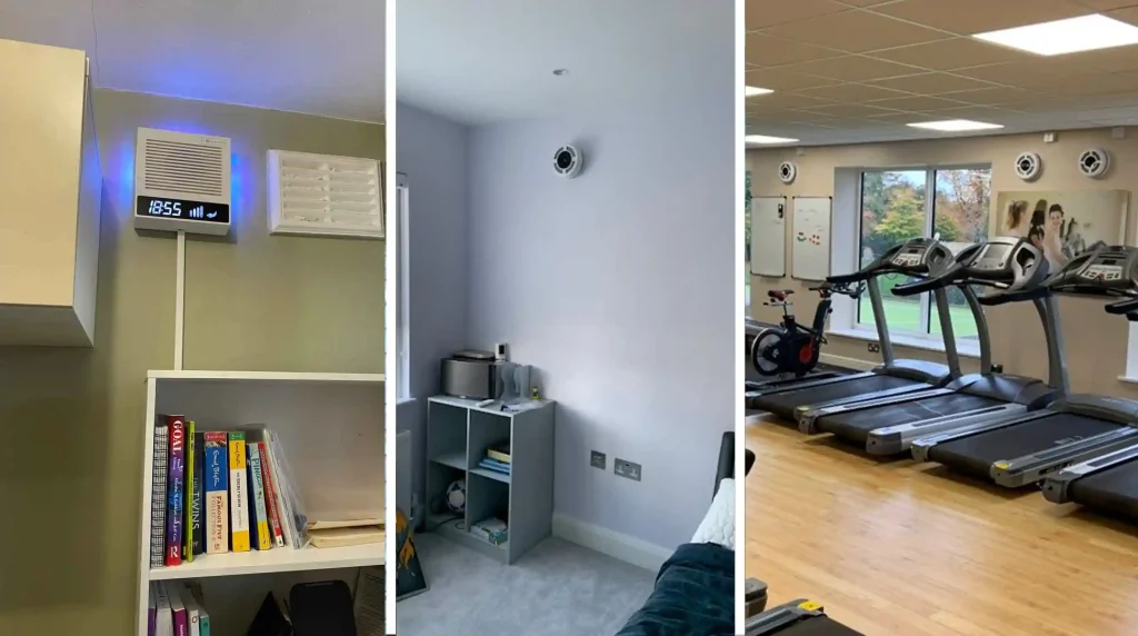 Split-scene collage showing Prana heat recovery wall ventilation units installed across different building types — home, office, school, restaurant, and warehouse