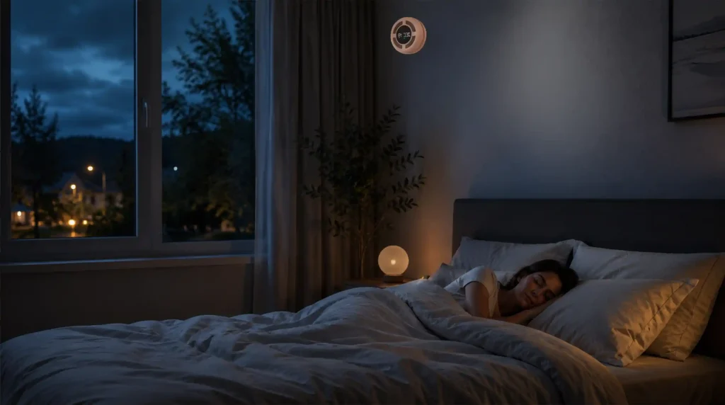 Compact white heat recovery wall ventilation unit fitted through a bedroom exterior wall, with a person sleeping soundly in the background