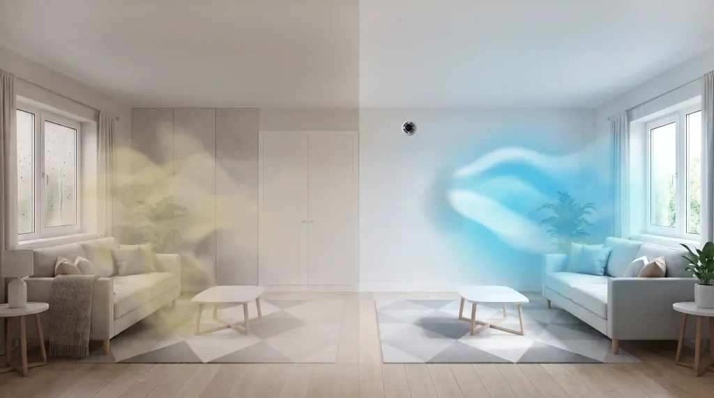 comparison of two living spaces: on the left, a stuffy room with window condensation due to poor airflow; on the right, a bright room with fresh air provided by an mvhr (mechanical ventilation with heat recovery) system