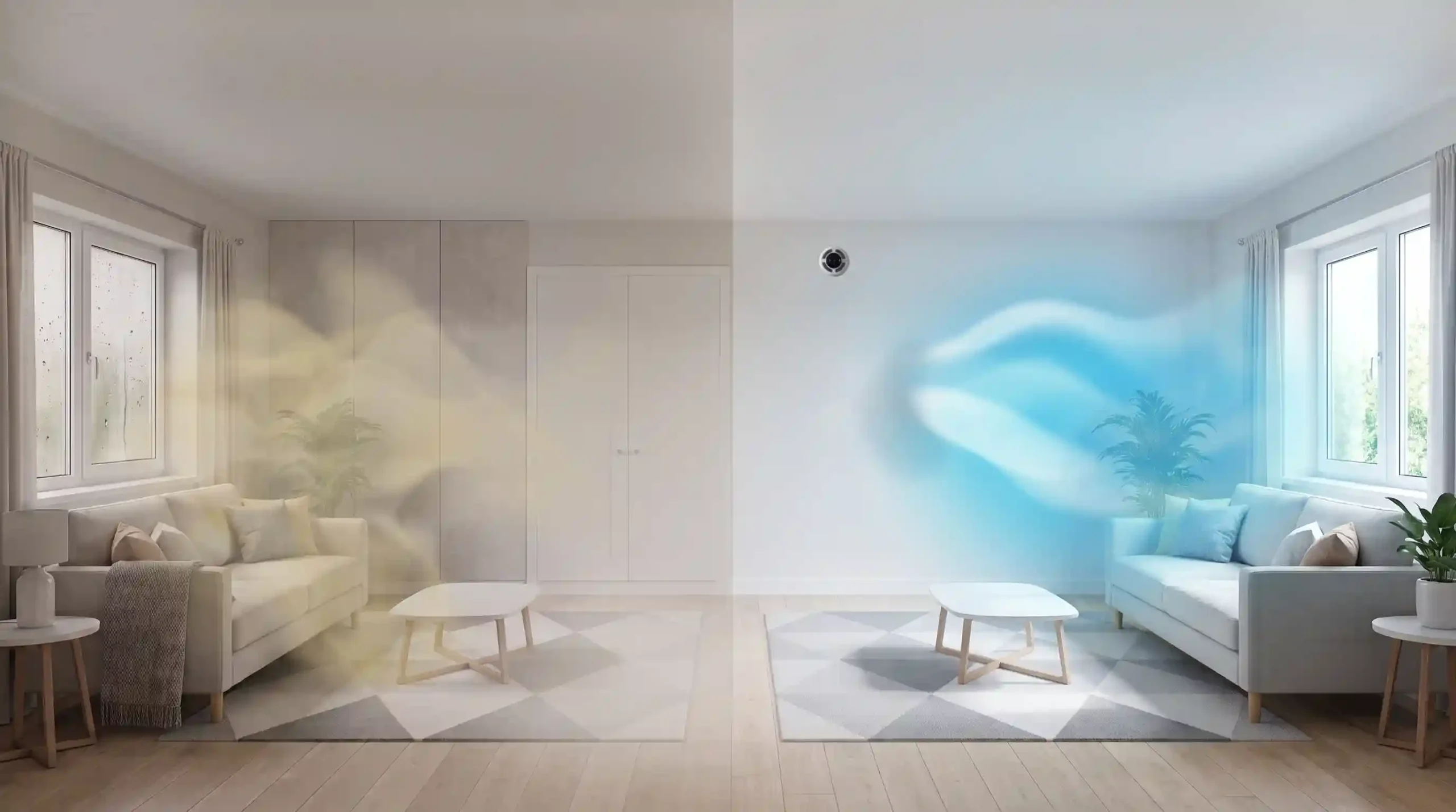 comparison of two living spaces: on the left, a stuffy room with window condensation due to poor airflow; on the right, a bright room with fresh air provided by an mvhr (mechanical ventilation with heat recovery) system