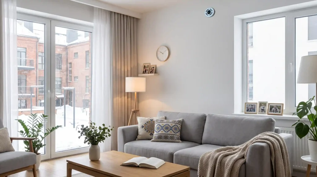 Wall-mounted decentralised MVHR unit in a modern UK living room providing fresh air with heat recovery