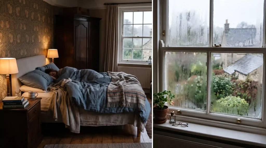 Person sleeping in a bedroom with condensation-covered windows caused by high humidity, an issue resolved by installing an MVHR system (Mechanical Ventilation with Heat Recovery)